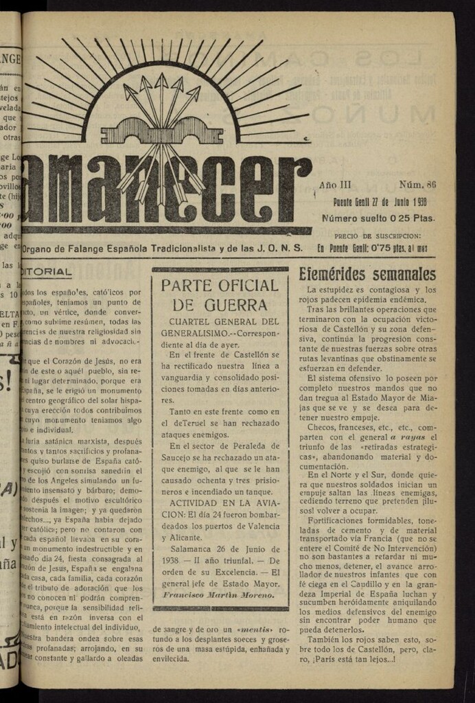 Miniatura de Amanecer : órgano de la Falange Tradicionalista y de las J.O.N.S. del 27 de junio de 1938, nº 86