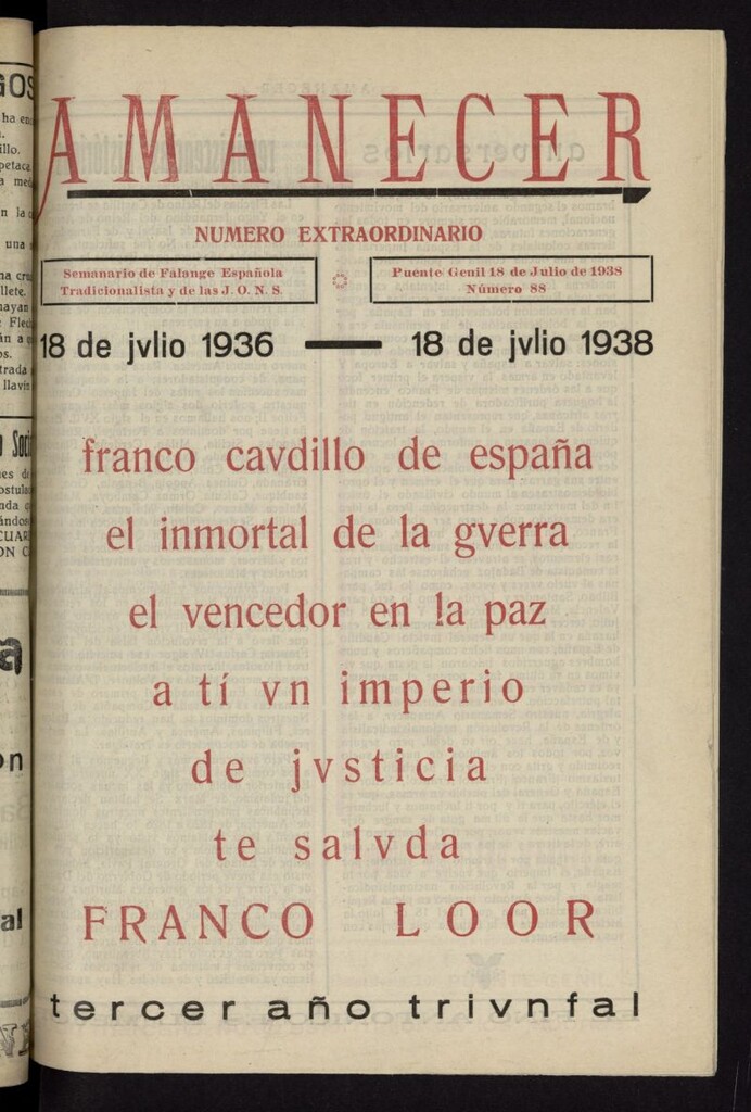Miniatura de Amanecer : órgano de la Falange Tradicionalista y de las J.O.N.S. del 18 de julio de 1938, nº 88
