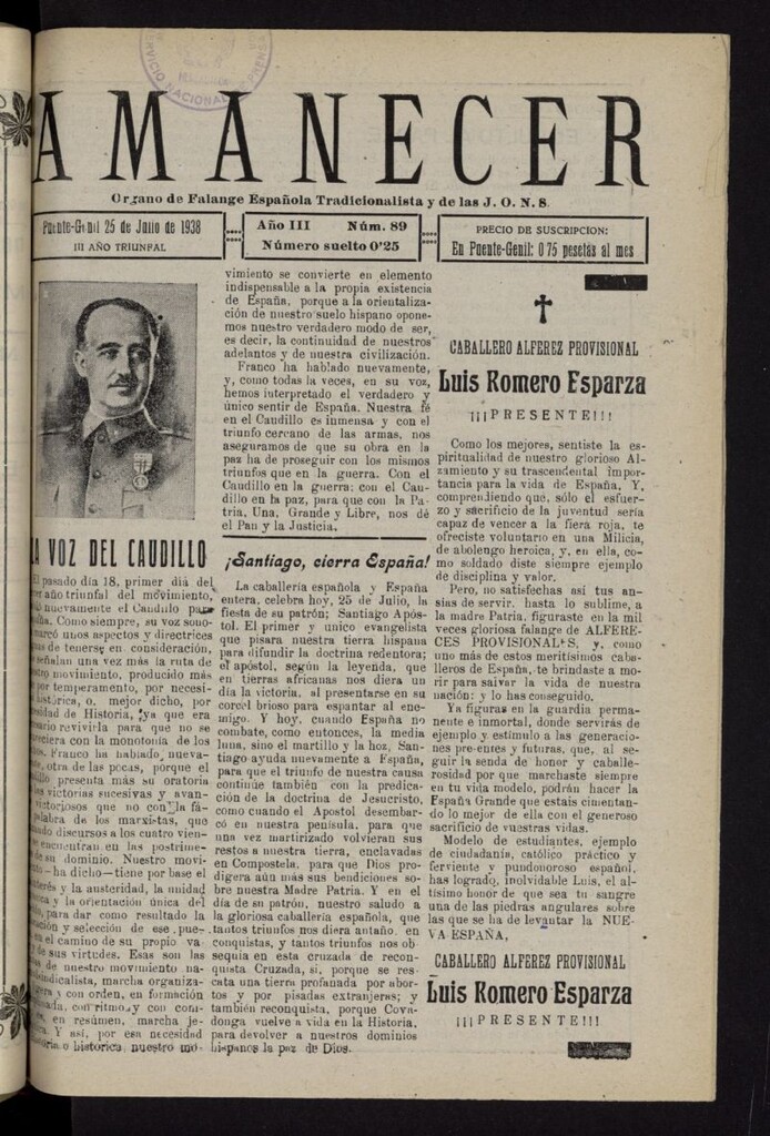 Miniatura de Amanecer : órgano de la Falange Tradicionalista y de las J.O.N.S. del 25 de julio de 1938, nº 89