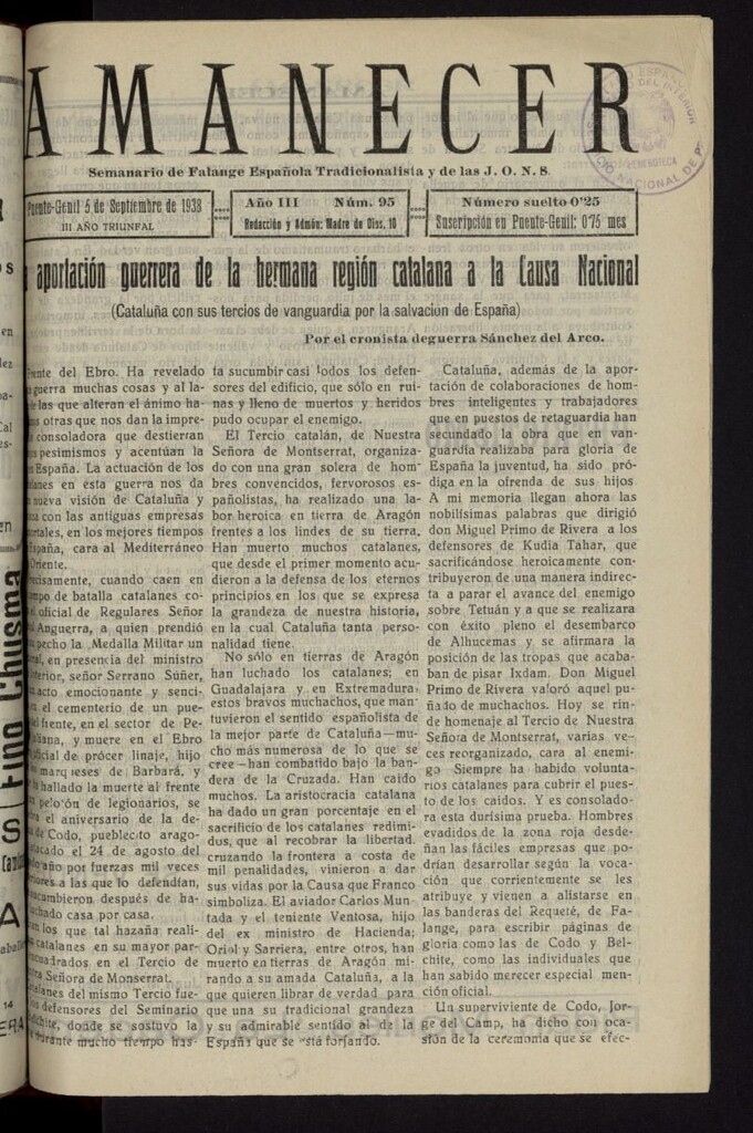 Miniatura de Amanecer : órgano de la Falange Tradicionalista y de las J.O.N.S. del 5 de septiembre de 1938, nº 95