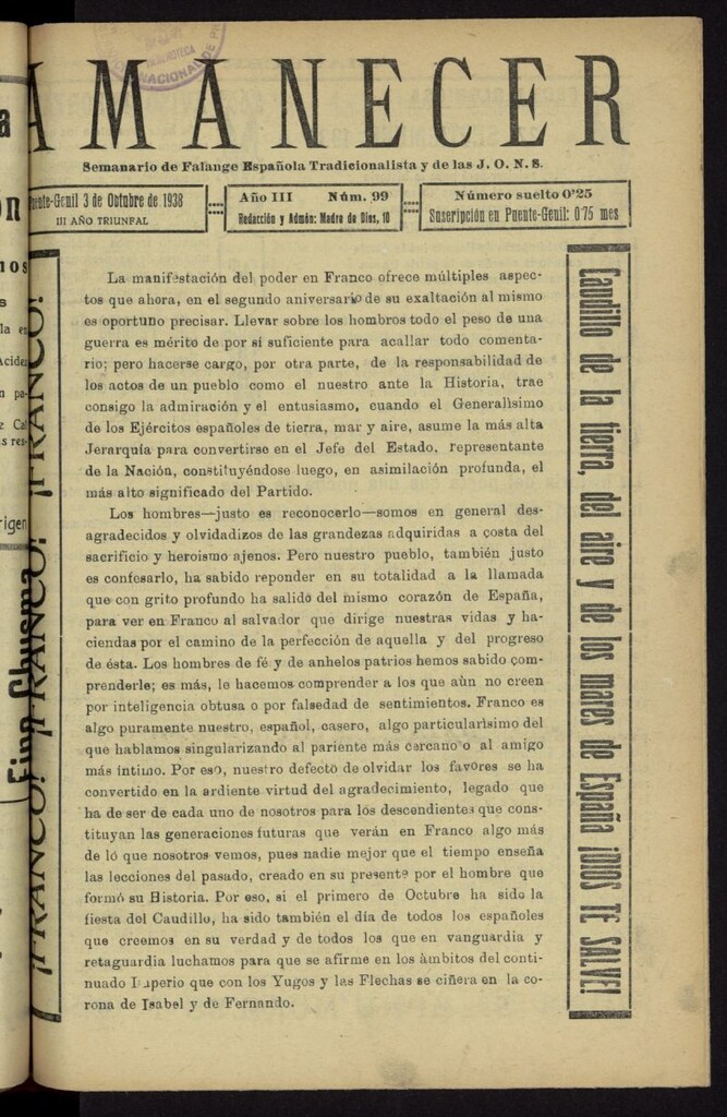 Miniatura de Amanecer : órgano de la Falange Tradicionalista y de las J.O.N.S. del 3 de octubre de 1938, nº 99