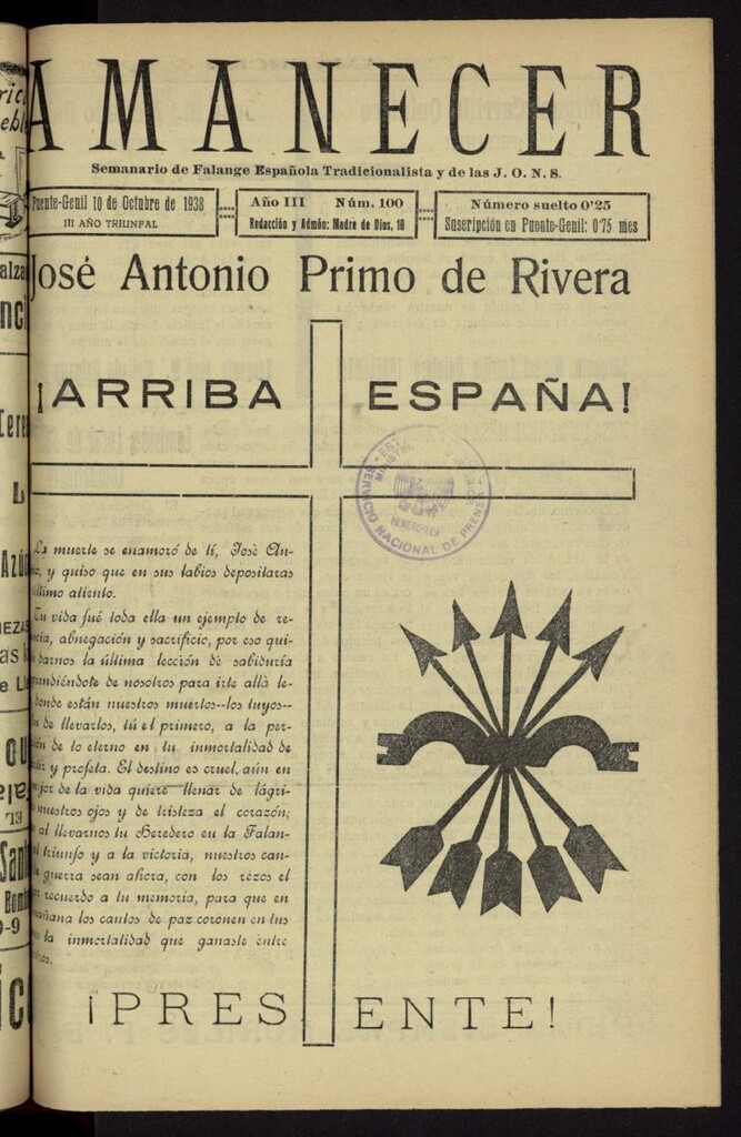 Miniatura de Amanecer : órgano de la Falange Tradicionalista y de las J.O.N.S. del 10 de octubre de 1938, nº 100
