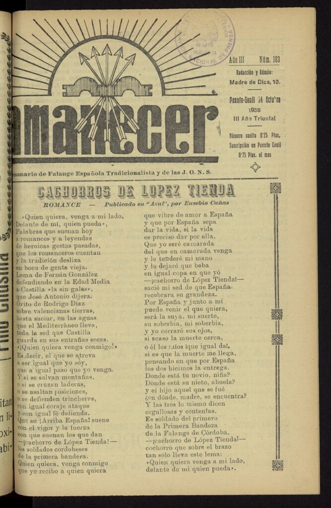 Miniatura de Amanecer : órgano de la Falange Tradicionalista y de las J.O.N.S. del 24 de octubre de 1938, nº 103