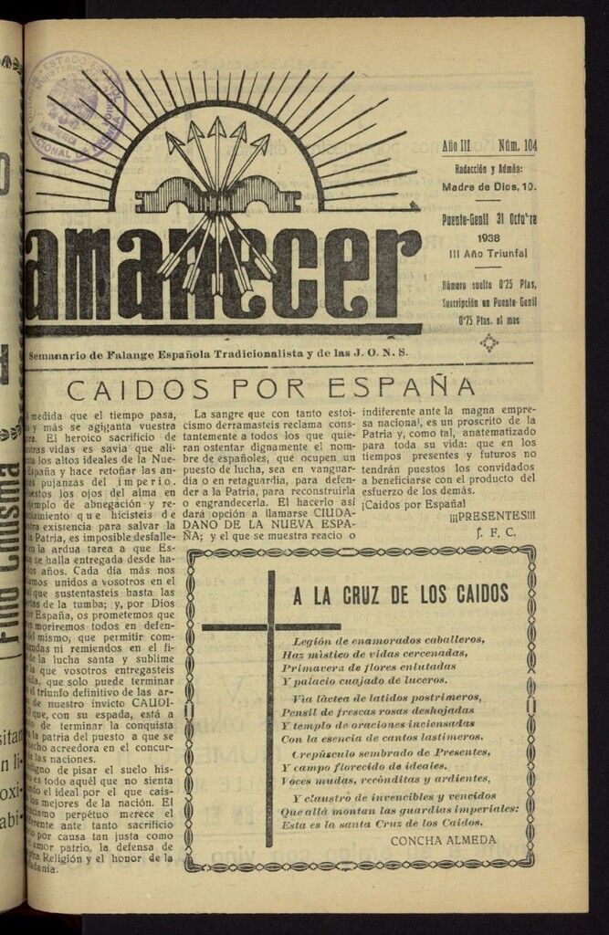 Miniatura de Amanecer : órgano de la Falange Tradicionalista y de las J.O.N.S. del 31 de octubre de 1938, nº 104