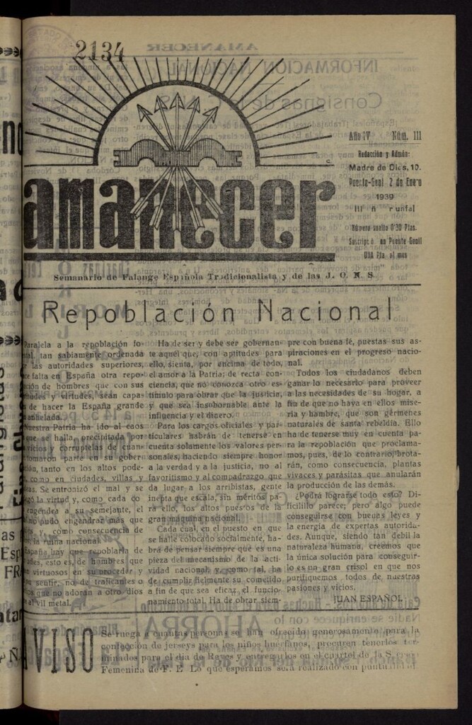 Miniatura de Amanecer : órgano de la Falange Tradicionalista y de las J.O.N.S. del 2 de enero de 1939, nº 111