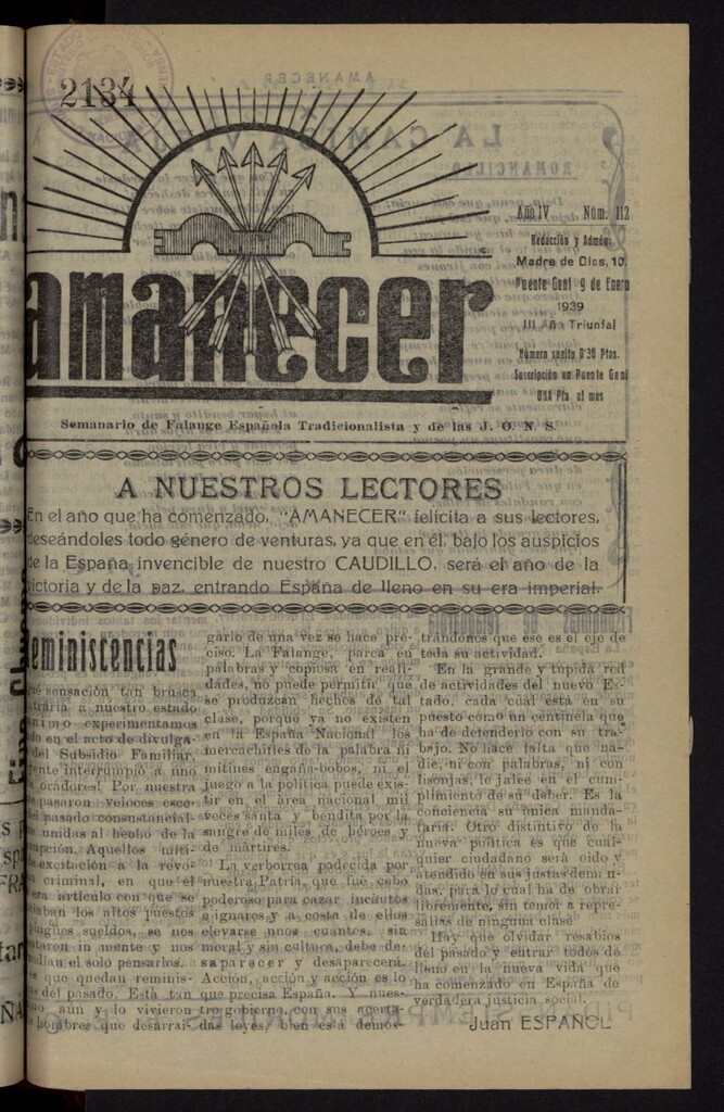 Miniatura de Amanecer : órgano de la Falange Tradicionalista y de las J.O.N.S. del 9 de enero de 1939, nº 112