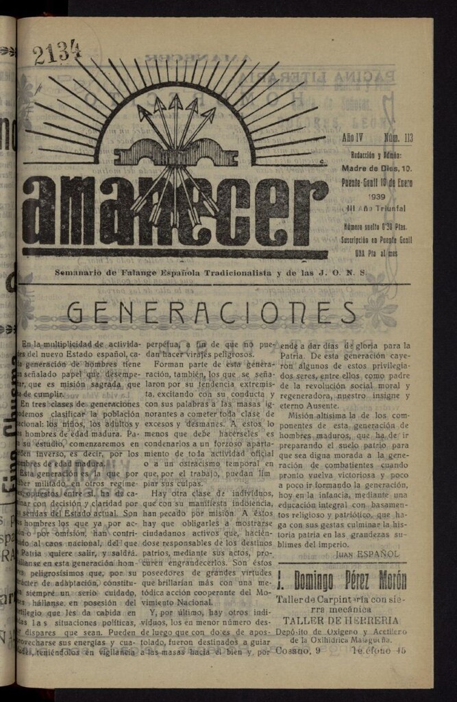 Miniatura de Amanecer : órgano de la Falange Tradicionalista y de las J.O.N.S. del 16 de enero de 1939, nº 113