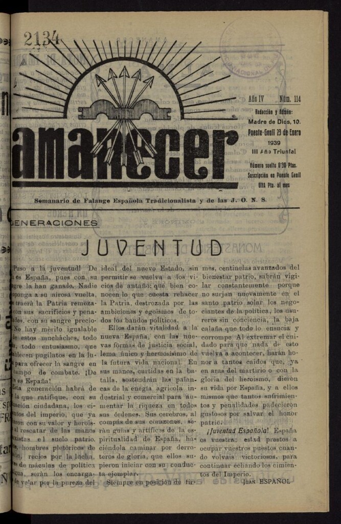 Miniatura de Amanecer : órgano de la Falange Tradicionalista y de las J.O.N.S. del 23 de enero de 1939, nº 114