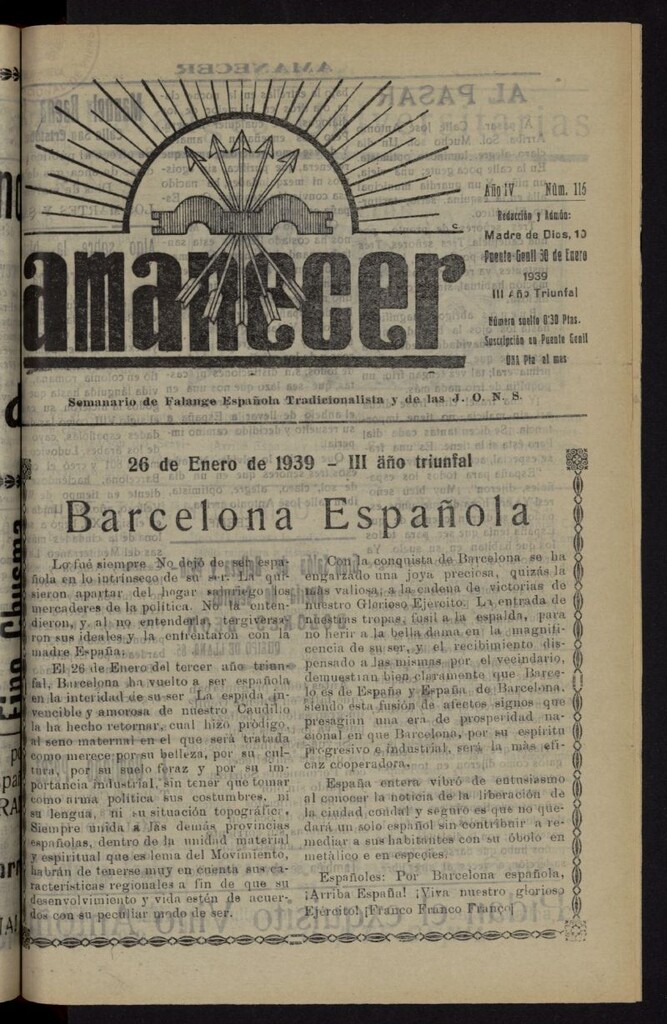 Miniatura de Amanecer : órgano de la Falange Tradicionalista y de las J.O.N.S. del 30 de enero de 1939, nº 115