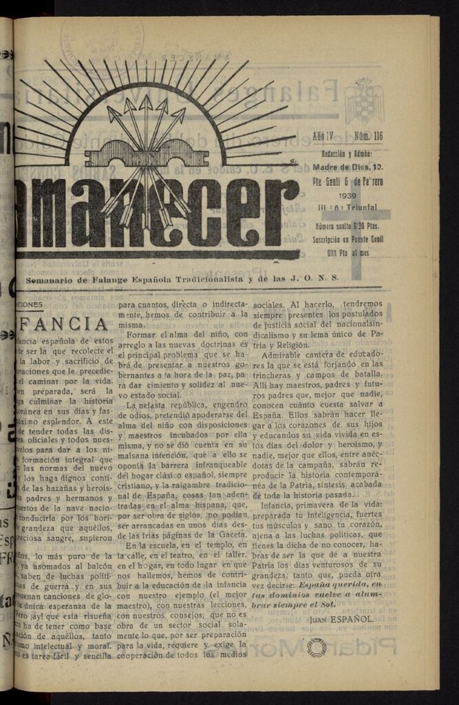 Miniatura de Amanecer : órgano de la Falange Tradicionalista y de las J.O.N.S. del 6 de febrero de 1939, nº 116
