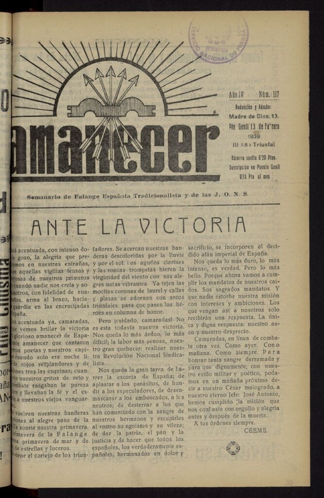 Miniatura de Amanecer : órgano de la Falange Tradicionalista y de las J.O.N.S. del 13 de febrero de 1939, nº 117