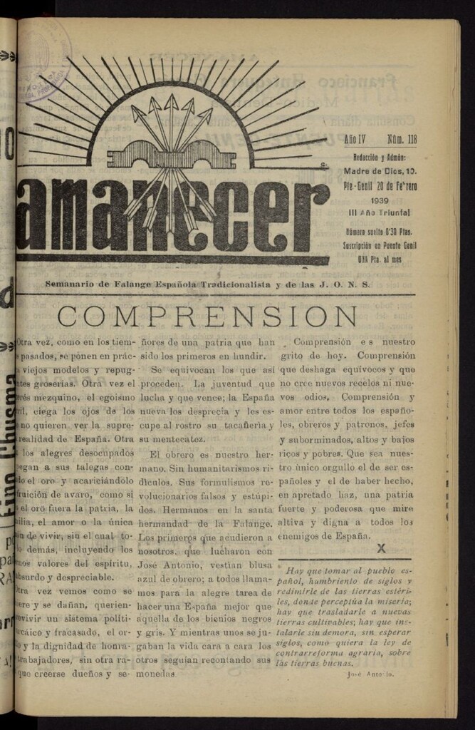 Miniatura de Amanecer : órgano de la Falange Tradicionalista y de las J.O.N.S. del 20 de febrero de 1939, nº 118