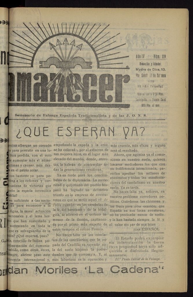 Miniatura de Amanecer : órgano de la Falange Tradicionalista y de las J.O.N.S. del 27 de febrero de 1939, nº 119