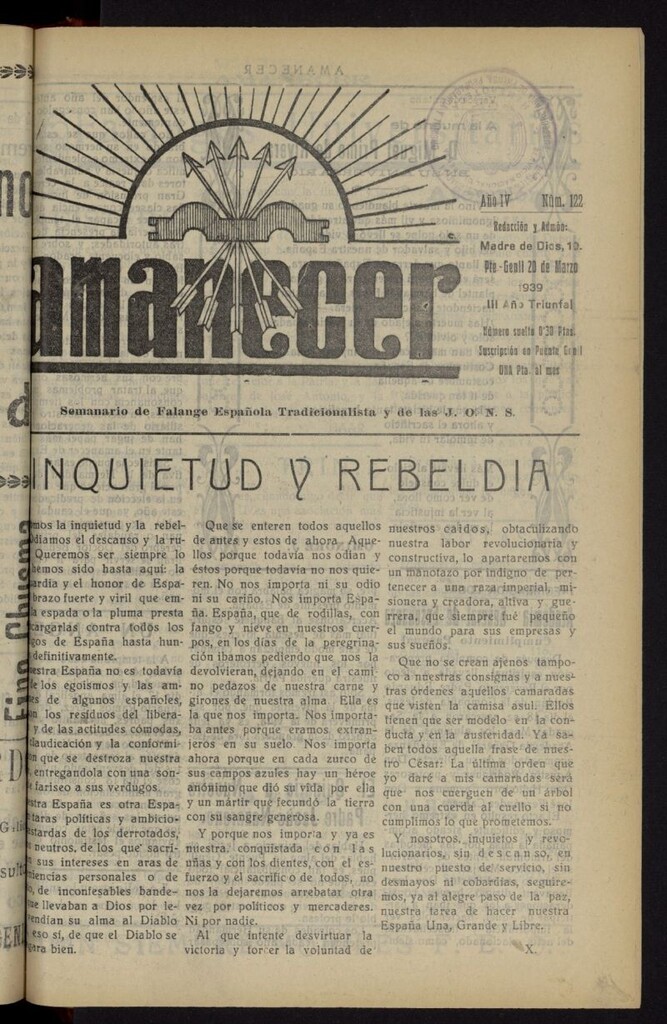 Miniatura de Amanecer : órgano de la Falange Tradicionalista y de las J.O.N.S. del 20 de marzo de 1939, nº 122