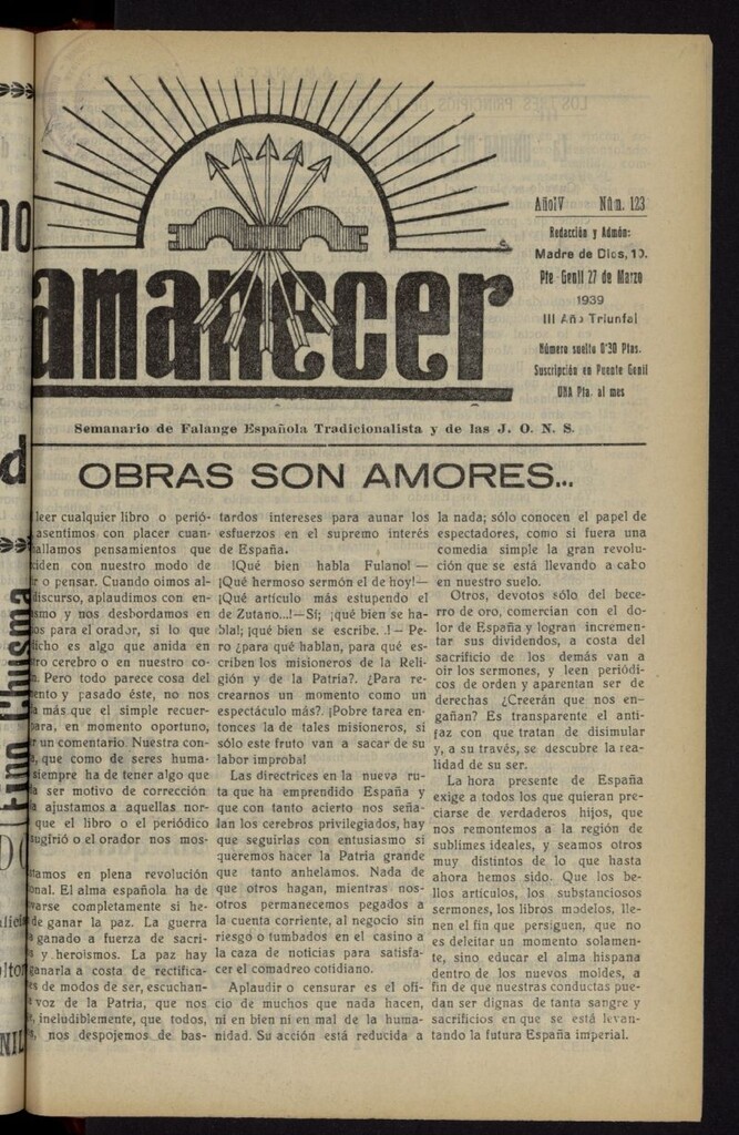 Miniatura de Amanecer : órgano de la Falange Tradicionalista y de las J.O.N.S. del 27 de marzo de 1939, nº 123