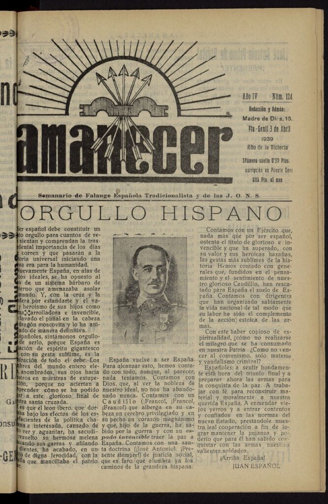 Miniatura de Amanecer : órgano de la Falange Tradicionalista y de las J.O.N.S. del 3 de abril de 1939, nº 124