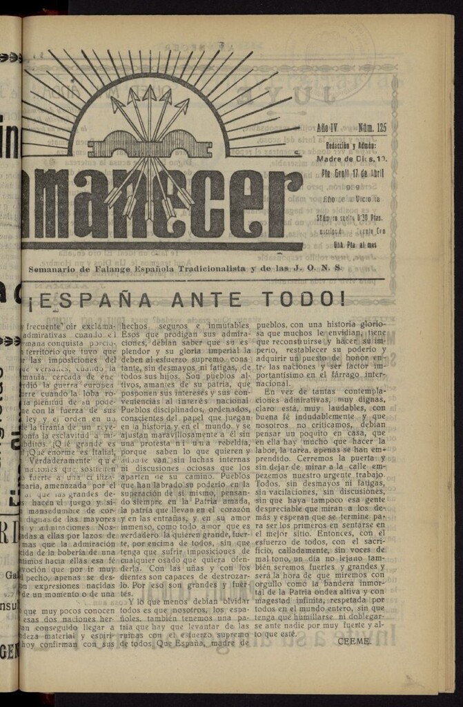 Miniatura de Amanecer : órgano de la Falange Tradicionalista y de las J.O.N.S. del 17 de abril de 1939, nº 125
