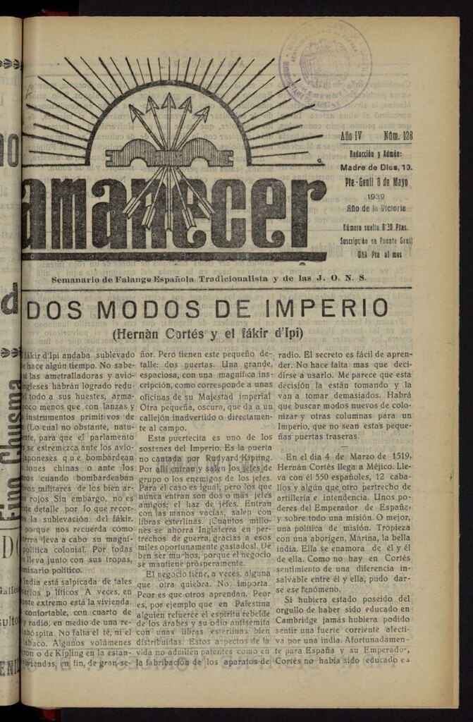 Miniatura de Amanecer : órgano de la Falange Tradicionalista y de las J.O.N.S. del 8 de mayo de 1939, nº 128