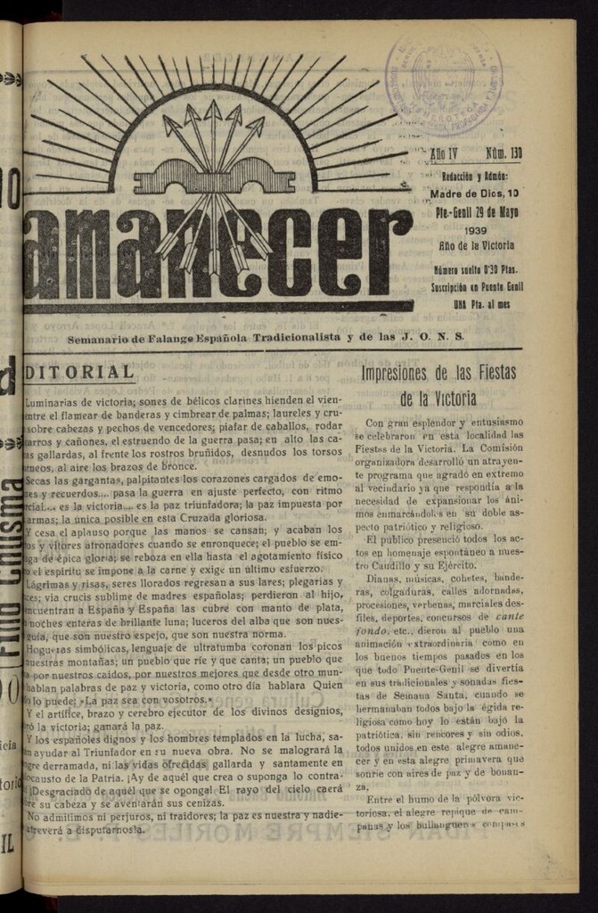 Miniatura de Amanecer : órgano de la Falange Tradicionalista y de las J.O.N.S. del 29 de mayo de 1939, nº 130