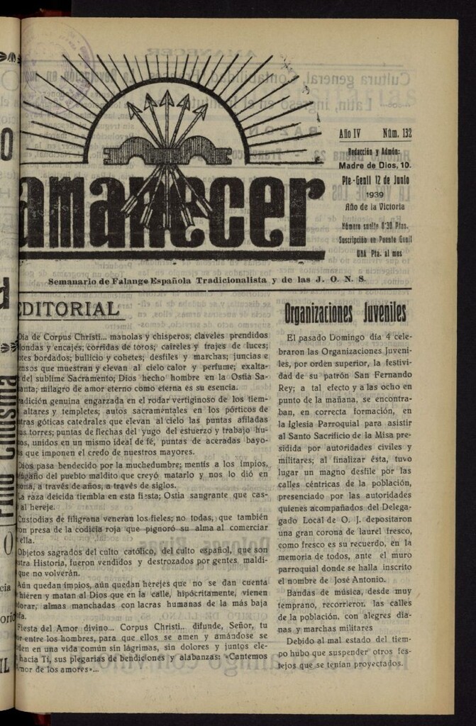 Miniatura de Amanecer : órgano de la Falange Tradicionalista y de las J.O.N.S. del 12 de junio de 1939, nº 132
