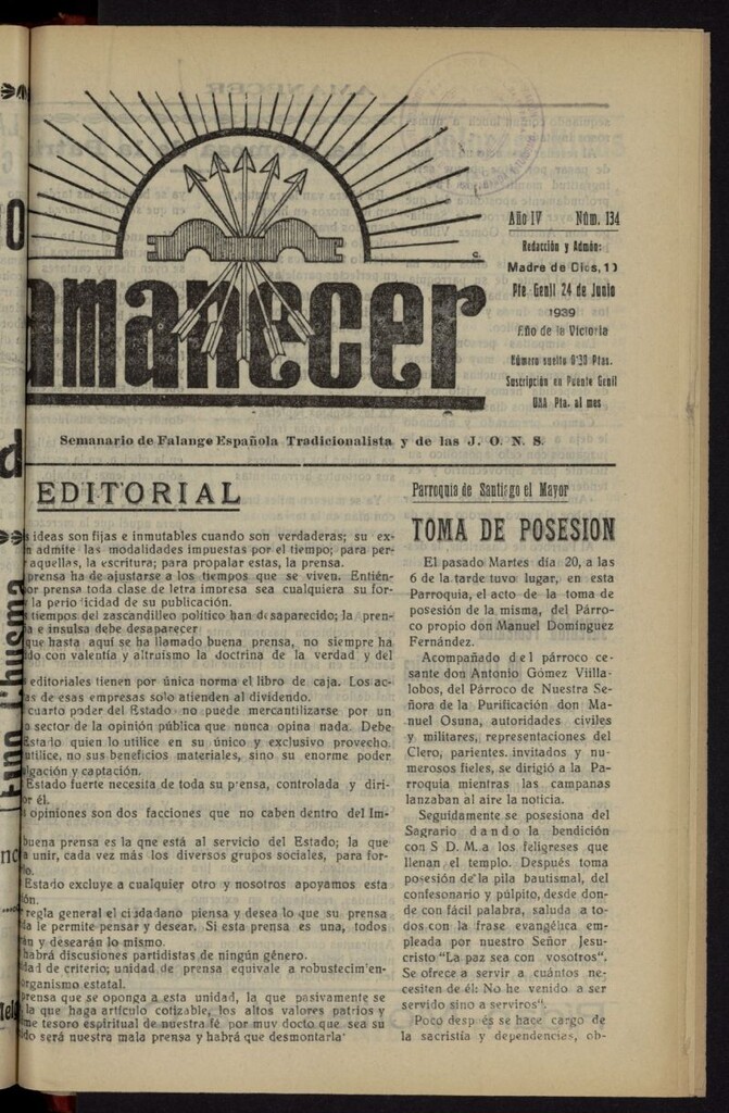 Miniatura de Amanecer del 24 [sic] de junio de 1939, nº 134