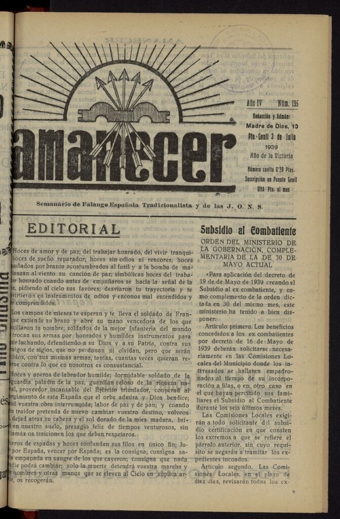 Miniatura de Amanecer : órgano de la Falange Tradicionalista y de las J.O.N.S. del 3 de julio de 1939, nº 135