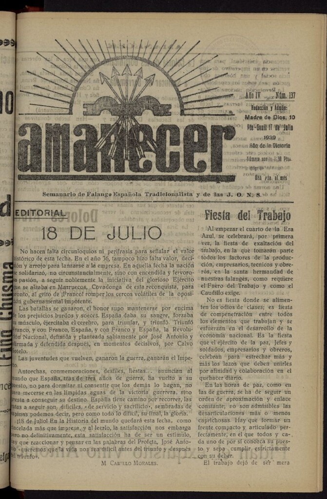 Miniatura de Amanecer : órgano de la Falange Tradicionalista y de las J.O.N.S. del 17 de julio de 1939, nº 137