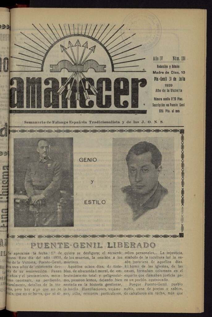 Miniatura de Amanecer : órgano de la Falange Tradicionalista y de las J.O.N.S. del 31 de julio de 1939, nº 138