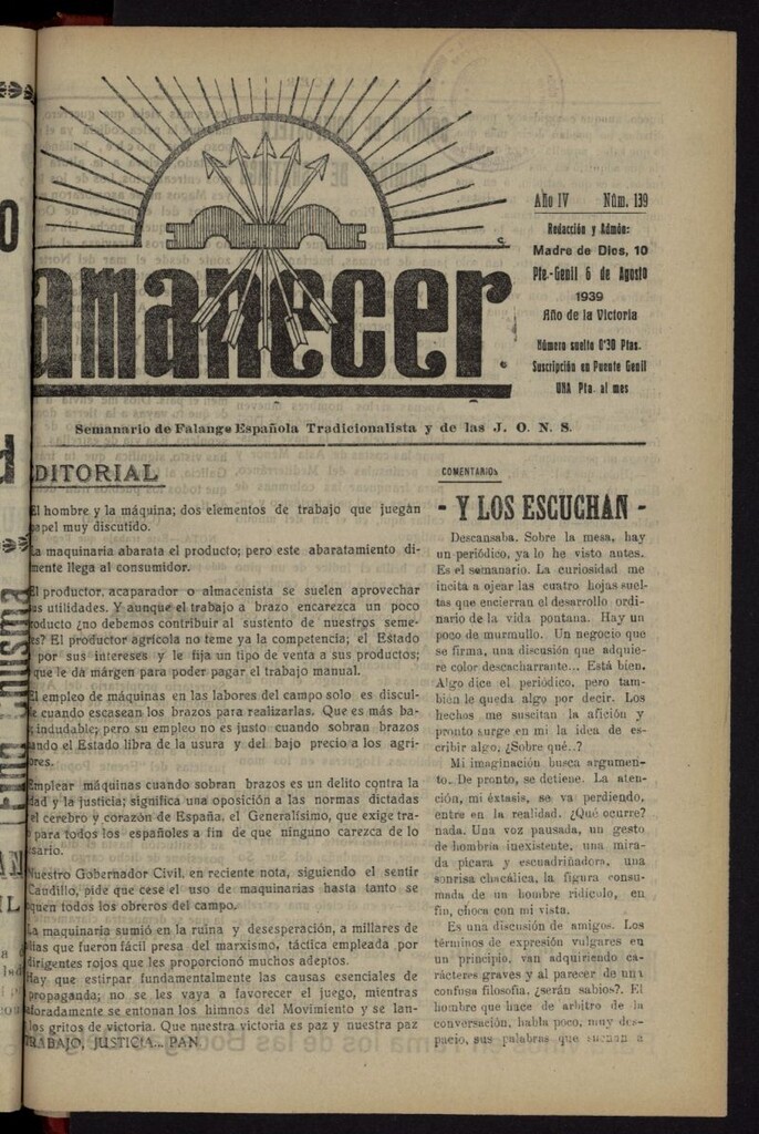 Miniatura de Amanecer : órgano de la Falange Tradicionalista y de las J.O.N.S. del 6 de agosto de 1939, nº 139