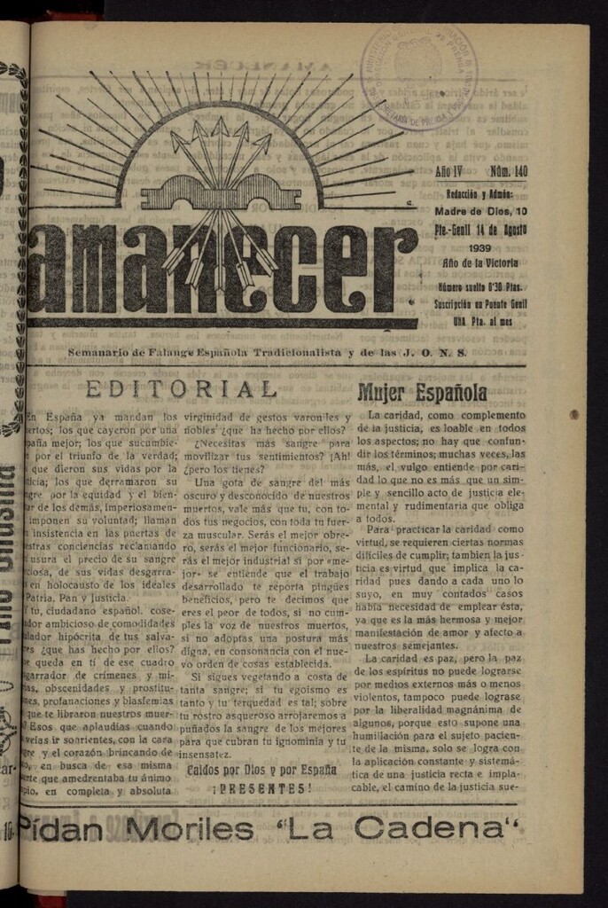 Miniatura de Amanecer : órgano de la Falange Tradicionalista y de las J.O.N.S. del 14 de agosto de 1939, nº 140