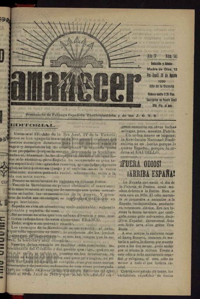 Miniatura de Amanecer : órgano de la Falange Tradicionalista y de las J.O.N.S. del 28 de agosto de 1939, nº 141