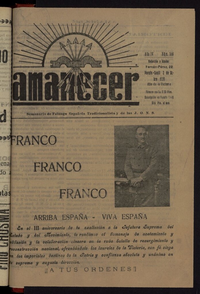 Miniatura de Amanecer : órgano de la Falange Tradicionalista y de las J.O.N.S. del 2 de octubre de 1939, nº 146