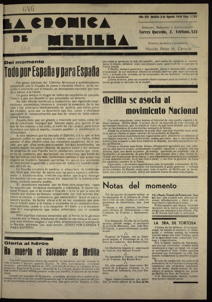 Miniatura de La Crónica de Melilla: Diario de la Noche del 2 de agosto de 1936, nº 1781