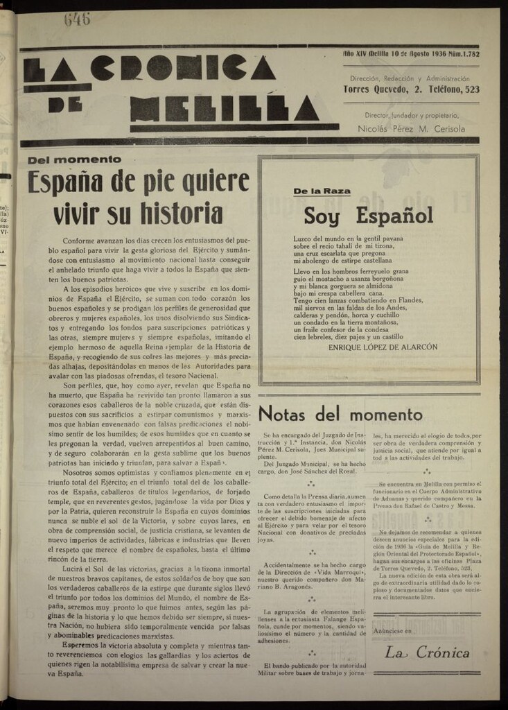 Miniatura de La Crónica de Melilla: Diario de la Noche del 10 de agosto de 1936, nº 1782