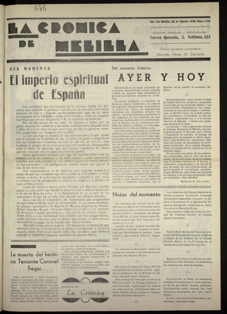 Miniatura de La Crónica de Melilla: Diario de la Noche del 30 de agosto de 1936, nº 1785