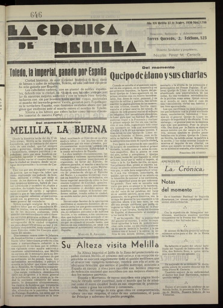 Miniatura de La Crónica de Melilla: Diario de la Noche del 27 de septiembre de 1936, nº 1786