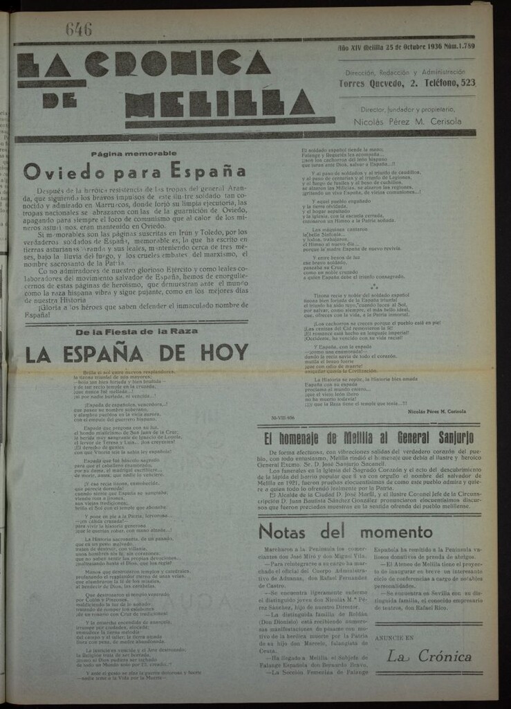 Miniatura de La Crónica de Melilla: Diario de la Noche del 25 de octubre de 1936, nº 1789