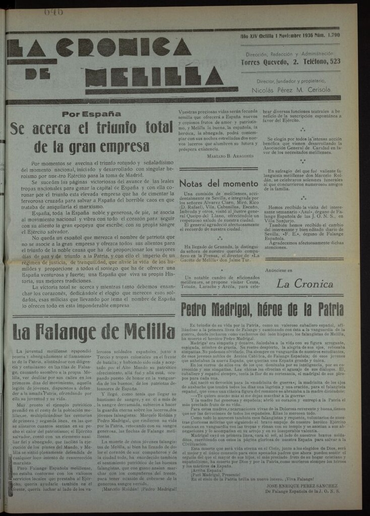 Miniatura de La Crónica de Melilla: Diario de la Noche del 1 de noviembre de 1936, nº 1790