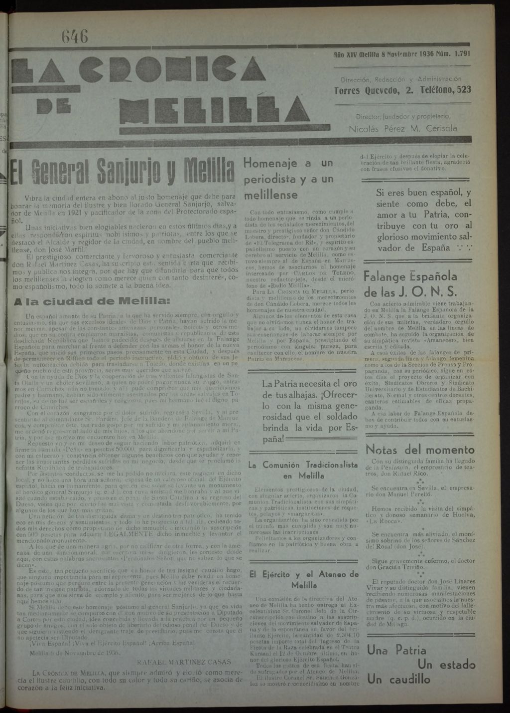 Miniatura de La Crónica de Melilla: Diario de la Noche del 8 de noviembre de 1936, nº 1791