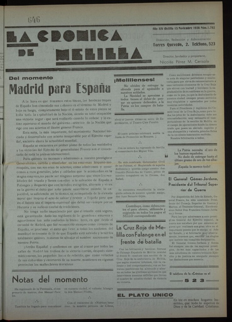 Miniatura de La Crónica de Melilla: Diario de la Noche del 15 de noviembre de 1936, nº 1792