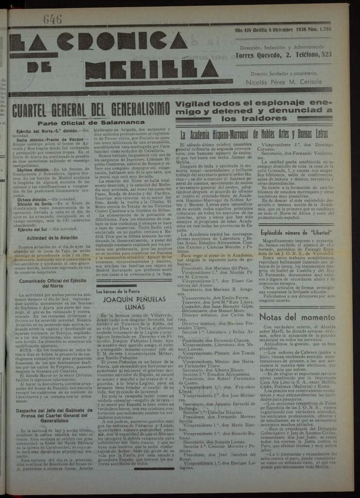 Miniatura de La Crónica de Melilla: Diario de la Noche del 8 de diciembre de 1936, nº 1795