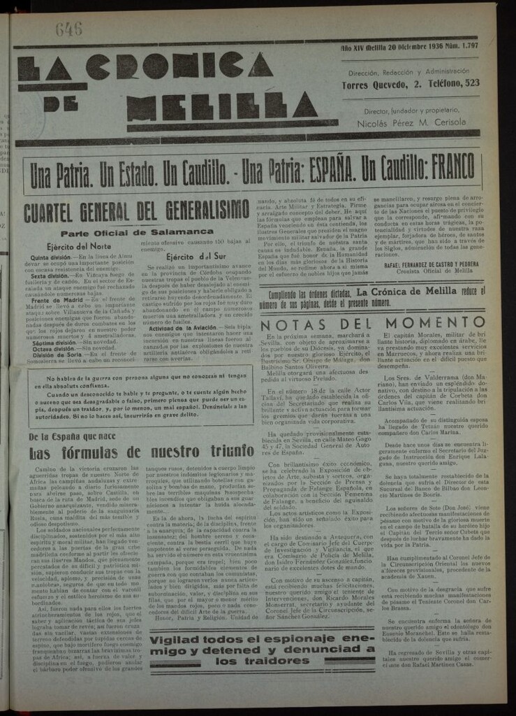 Miniatura de La Crónica de Melilla: Diario de la Noche del 20 de diciembre de 1936, nº 1797