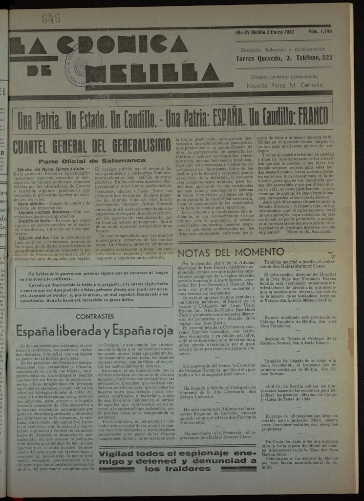 Miniatura de La Crónica de Melilla: Diario de la Noche del 2 de enero de 1937, nº 1799