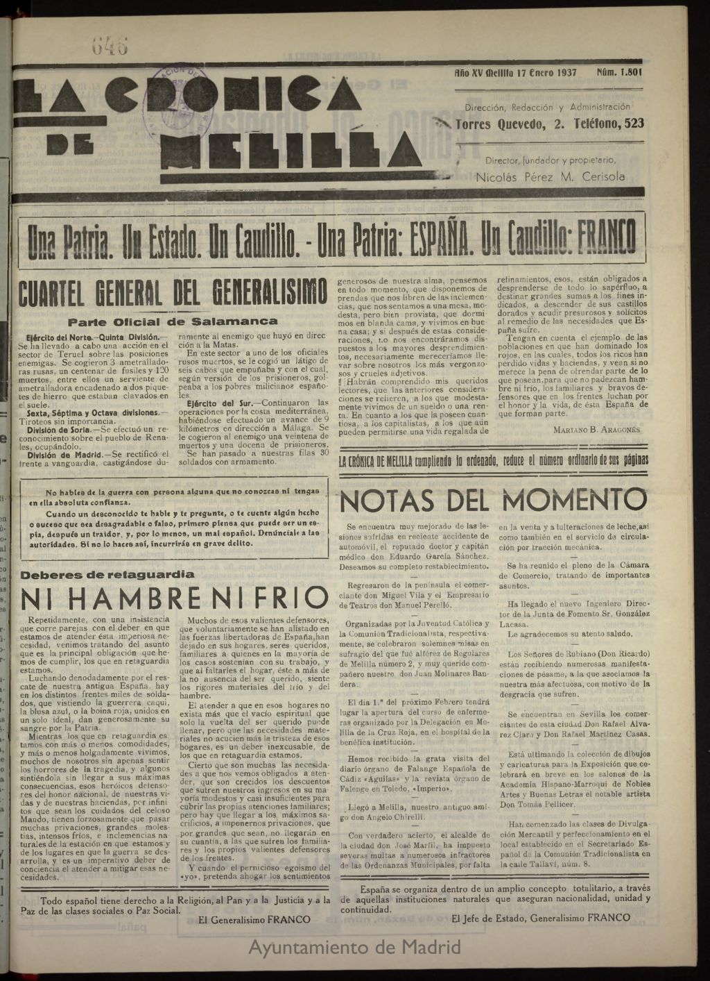 Miniatura de La Crónica de Melilla: Diario de la Noche del 17 de enero de 1937, nº 1801