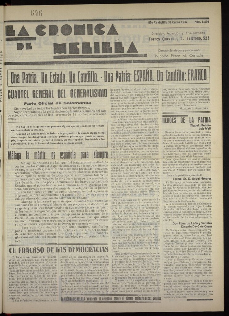Miniatura de La Crónica de Melilla: Diario de la Noche del 31 de enero de 1937, nº 1803