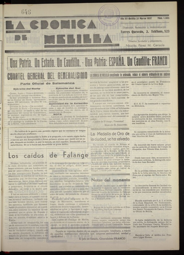 Miniatura de La Crónica de Melilla: Diario de la Noche del 21 de marzo de 1937, nº1805