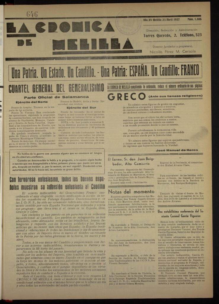 Miniatura de La Crónica de Melilla: Diario de la Noche del 25 de abril de 1937, nº 1806