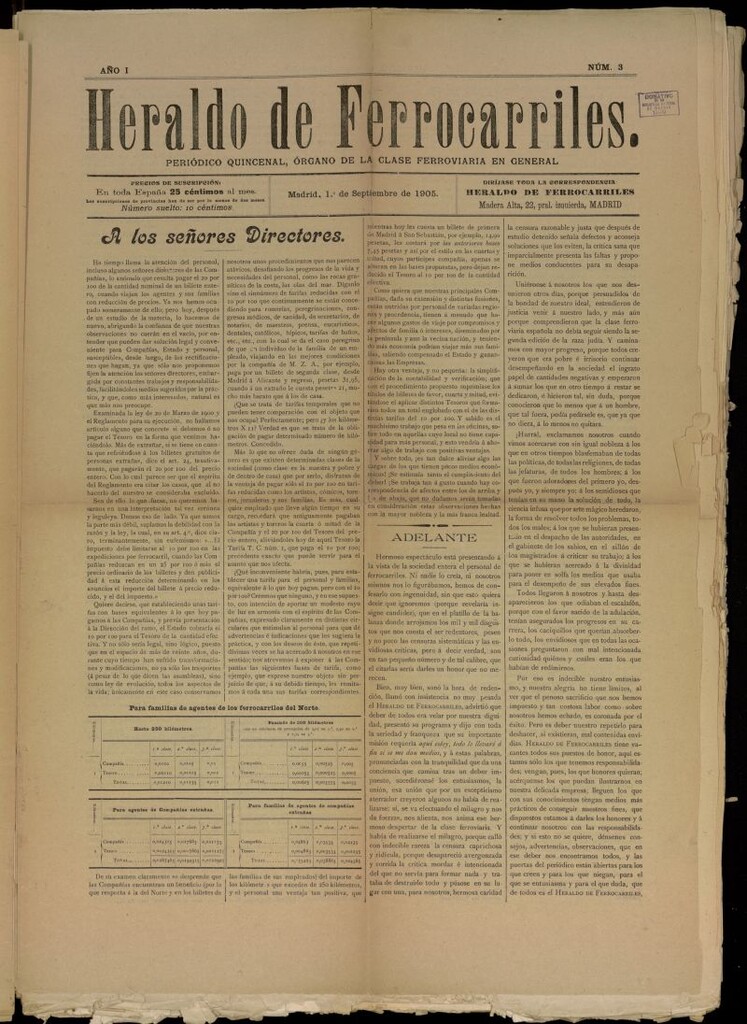 Miniatura de Heraldo de Ferrocarriles : periódico quincenal del 1 de septiembre de 1905, nº 3