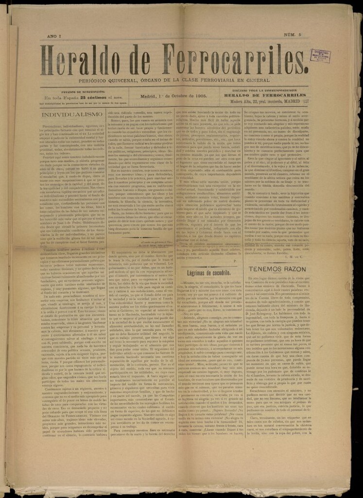 Miniatura de Heraldo de Ferrocarriles : periódico quincenal del 1 de octubre de 1905, nº 5