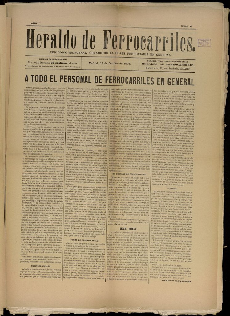 Miniatura de Heraldo de Ferrocarriles : periódico quincenal del 15 de octubre de 1905, nº 6